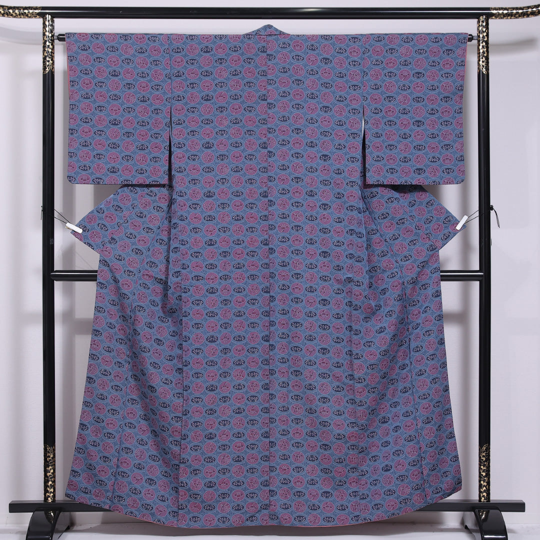 小紋 身丈160cm 裄丈63.5cm L 正絹 Aランク 袷 広衿 丸文 1215-11562