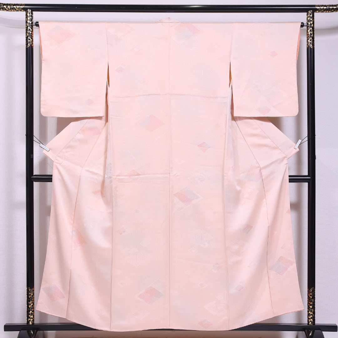 小紋 身丈153cm 裄丈64.5cm S 正絹 Cランク 袷 バチ衿 松皮菱 色無地 1215-11577