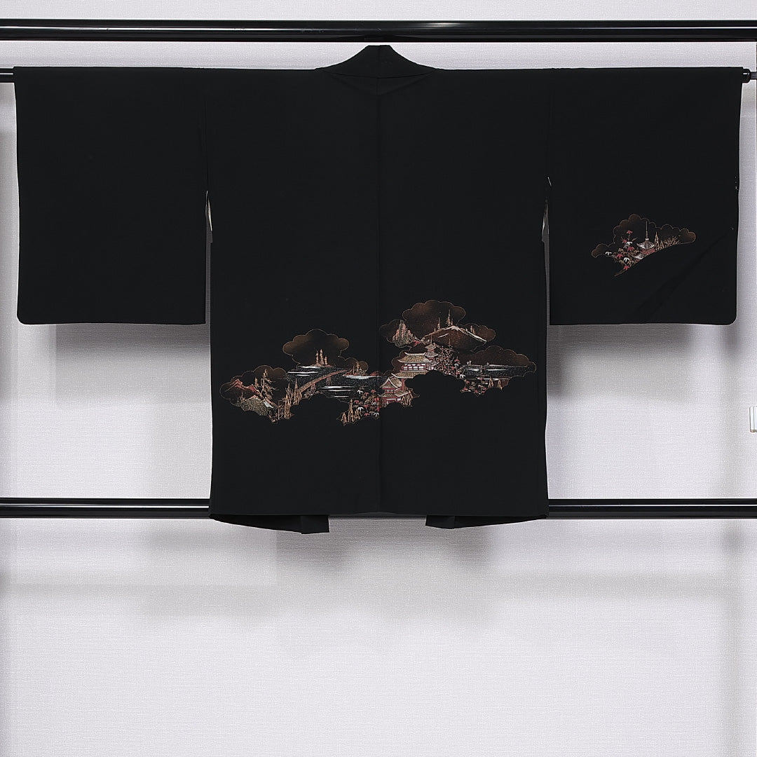 羽織 身丈80cm 裄丈64cm M 正絹 Aランク 袷 黒羽織 紐あり 蒔絵 金糸 絵羽羽織 1217-11119