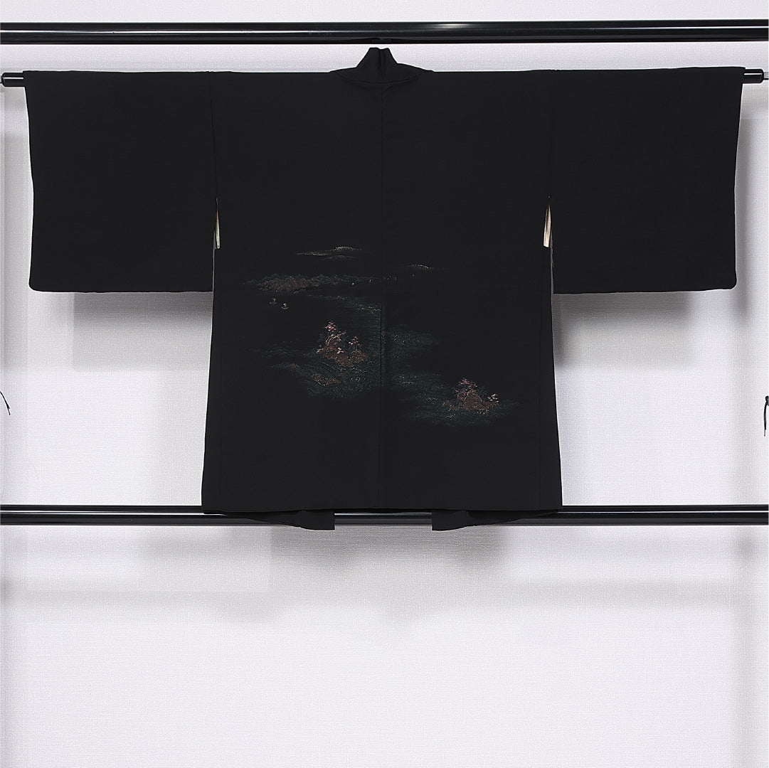 羽織 身丈78cm 裄丈62.5cm S 正絹 Aランク 袷 黒羽織 絵羽羽織 漆糸 山水 1217-11163|糸千花和装 店
