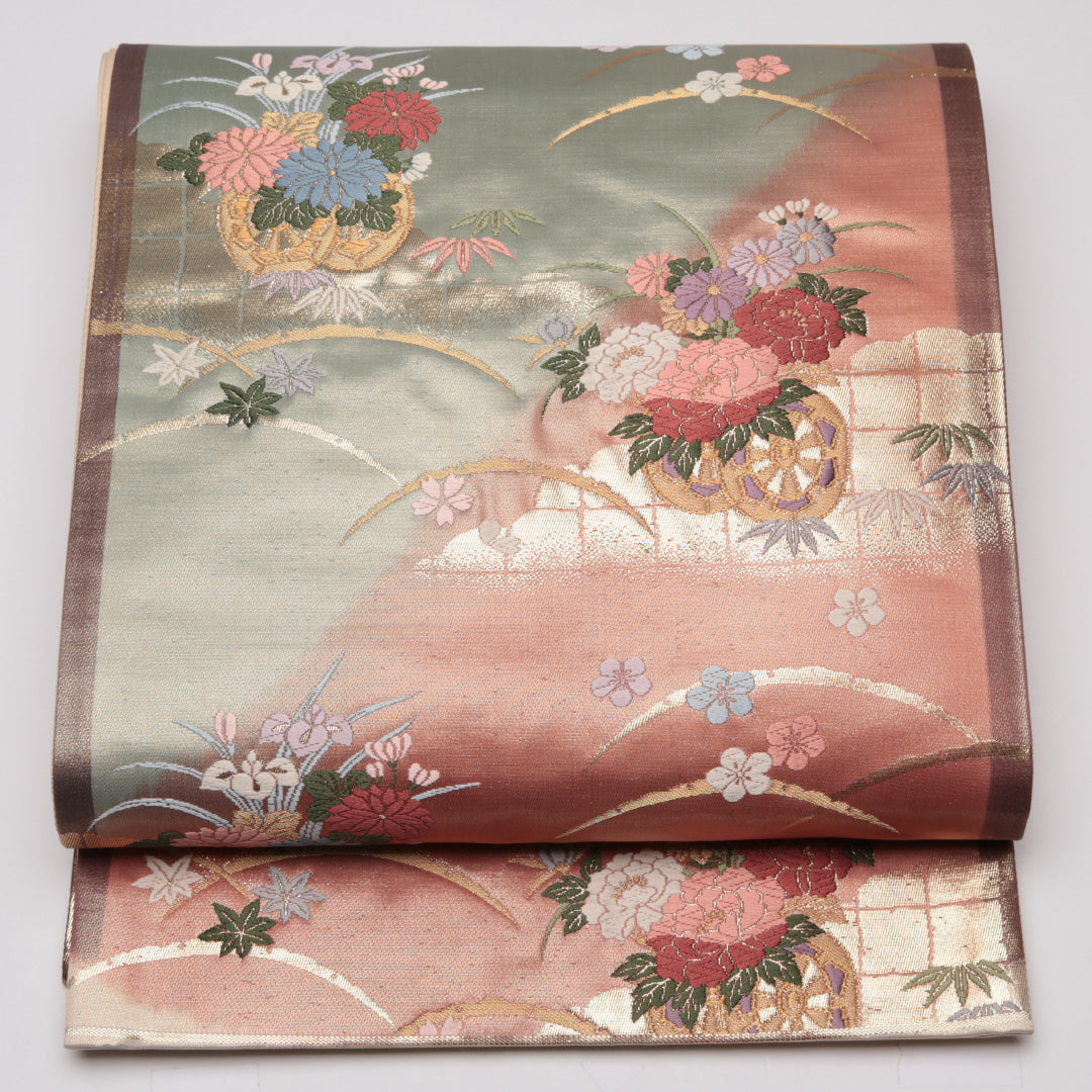 袋帯 帯丈428cm 六通 花車 芝草 フォーマル ピンク系 正絹 Sランク 1223-01123