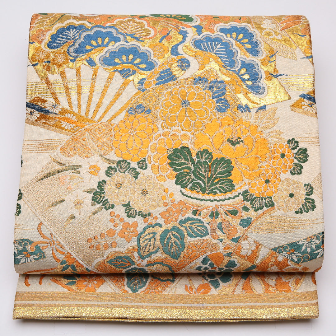 アンティーク 丸帯 帯丈392cm 全通 鶴 笠松 菊 扇 吉祥文様 フォーマル 金系 正絹 Aランク 1223-01145