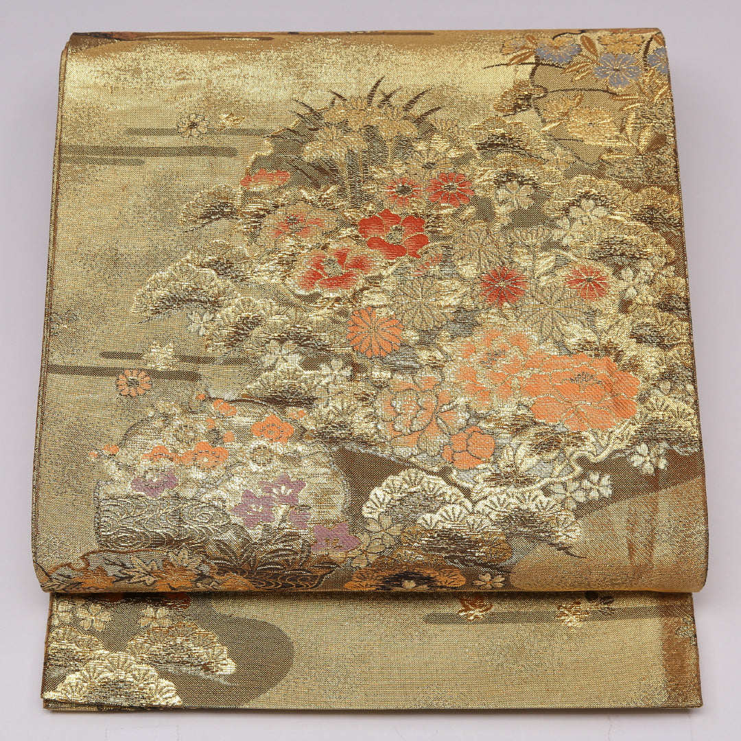 袋帯 帯丈420cm 六通 雪輪 牡丹 菊 菖蒲 流水 フォーマル 金系 正絹 Sランク 1223-01154