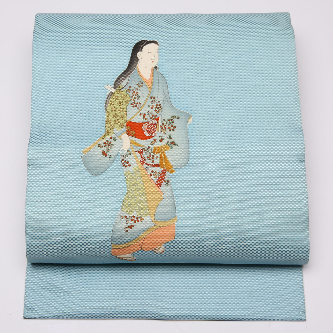 未使用品 名古屋帯 帯丈367cm Nランク 名古屋仕立て ポイント柄 正絹 人物 セミフォーマル 水色系 1224-01504 12,375円