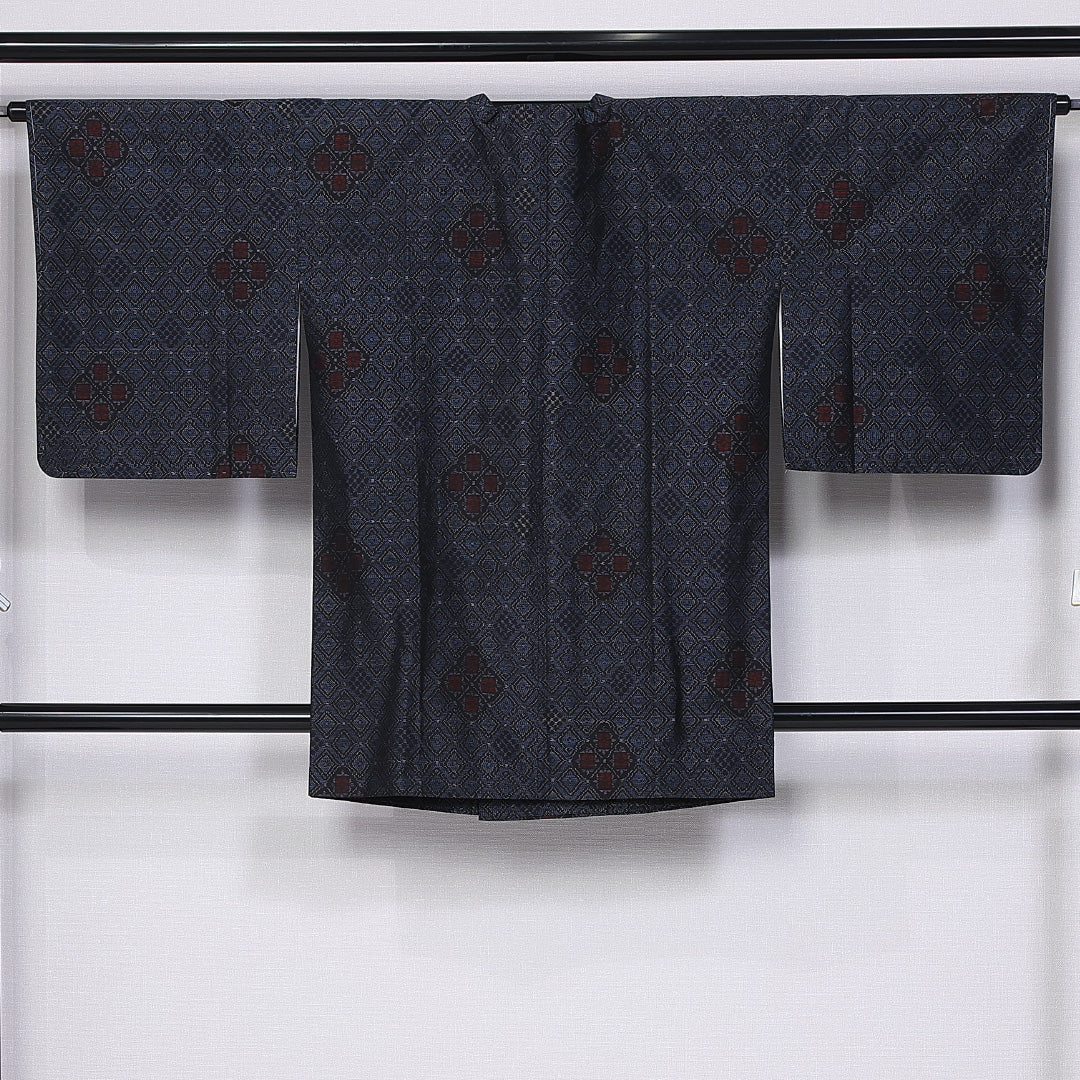 道行コート 身丈89cm 裄丈65cm M 正絹 Sランク 袷 紬 ポケットあり 花菱 1263-10750