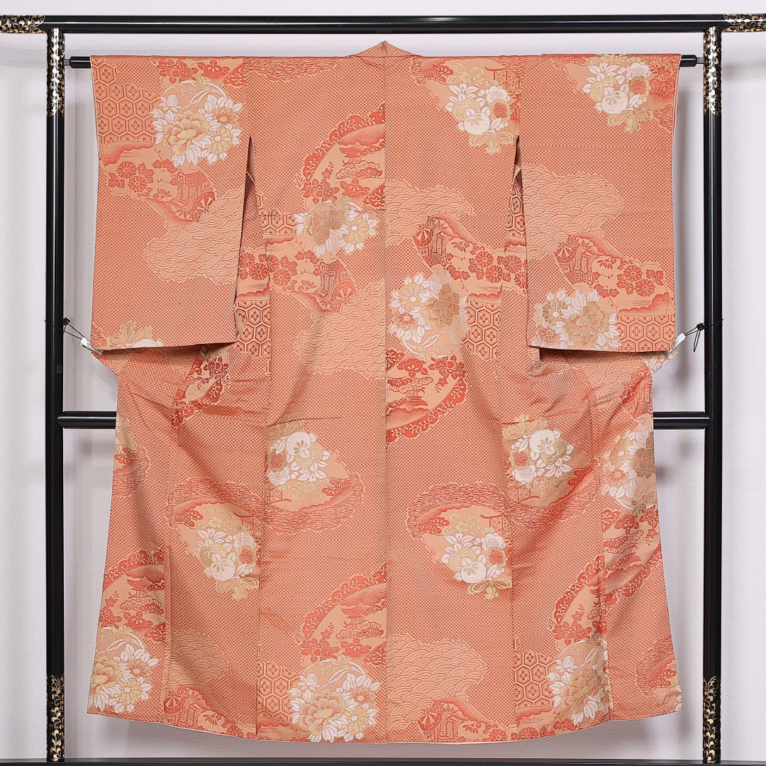 アンティーク お召 身丈151cm 裄丈62cm S 正絹 Aランク 袷 バチ衿 橘 吉祥文様 1265-10552｜糸千花和装　店