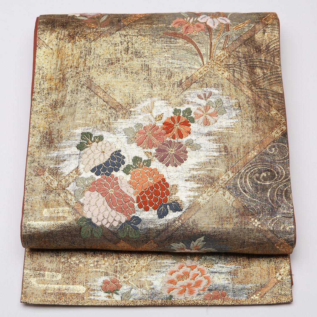 袋帯 帯丈444cm 六通 未仕立て 菊 牡丹 帯芯なし フォーマル 金系 正絹 Aランク 1223-01005|糸千花和装 店