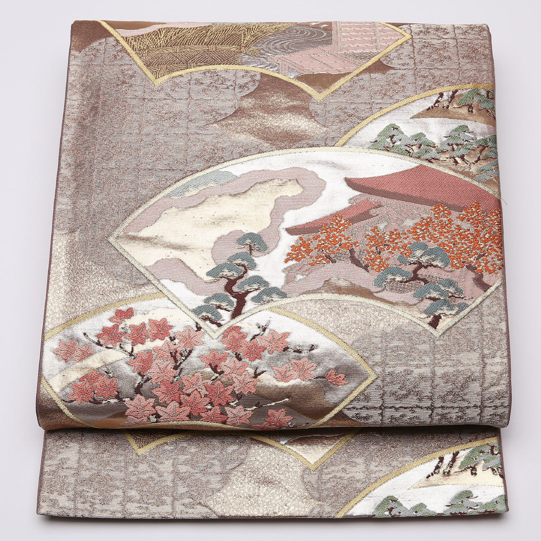 袋帯 帯丈426cm 六通 桜 笠松 檜扇 フォーマル ピンク系 正絹 Sランク 1223-01012