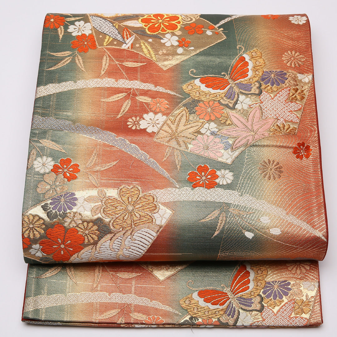 振袖帯 袋帯 帯丈422cm 六通 唐織 桜 蝶 梅 菊 緑系 フォーマル 赤系 正絹 Sランク 1223-01039