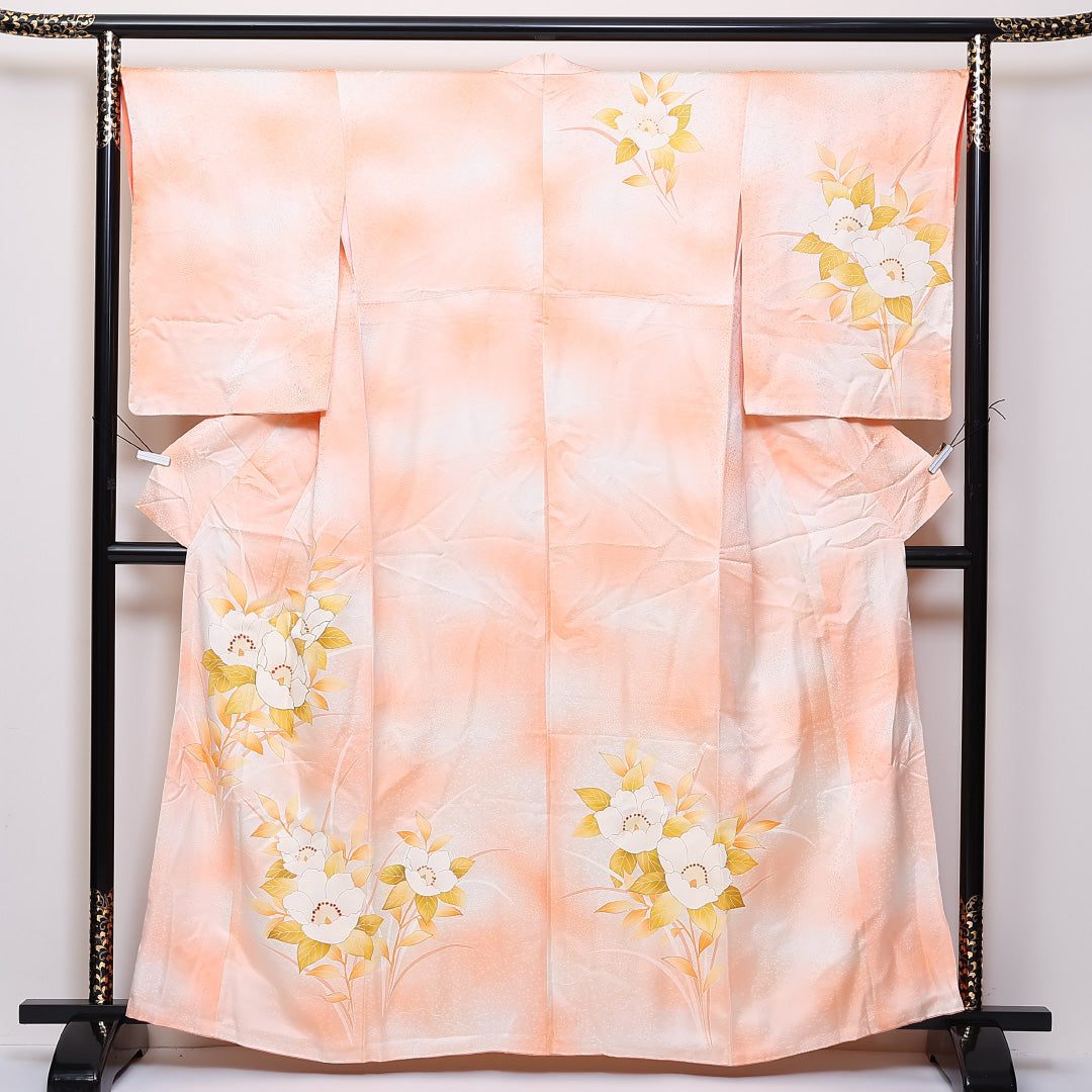 訪問着 袷 身丈162cm 裄丈68cm 正絹 Sランク Lサイズ 広衿 セミフォーマル 雲取り ぼかし染 金駒刺繍 朱系 1212-04657|糸千花和装 店