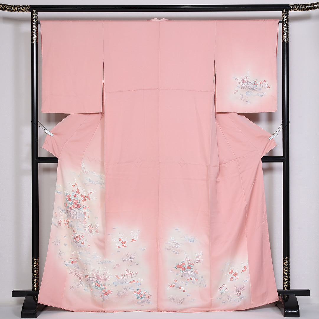 訪問着 袷 身丈168cm 裄丈65cm 正絹 Aランク XLサイズ 広衿 セミフォーマル 流水 菊 松 ぼかし染 ピンク系 1212-04723