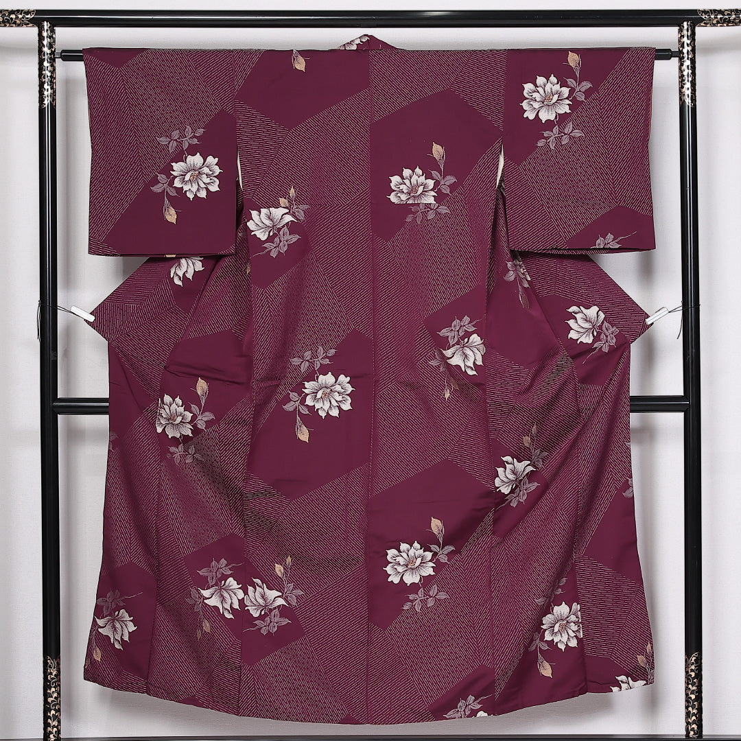アンティーク お召 袷 身丈150cm 裄丈60cm 正絹 Aランク Sサイズ バチ衿 花柄 紫系 1265-03879