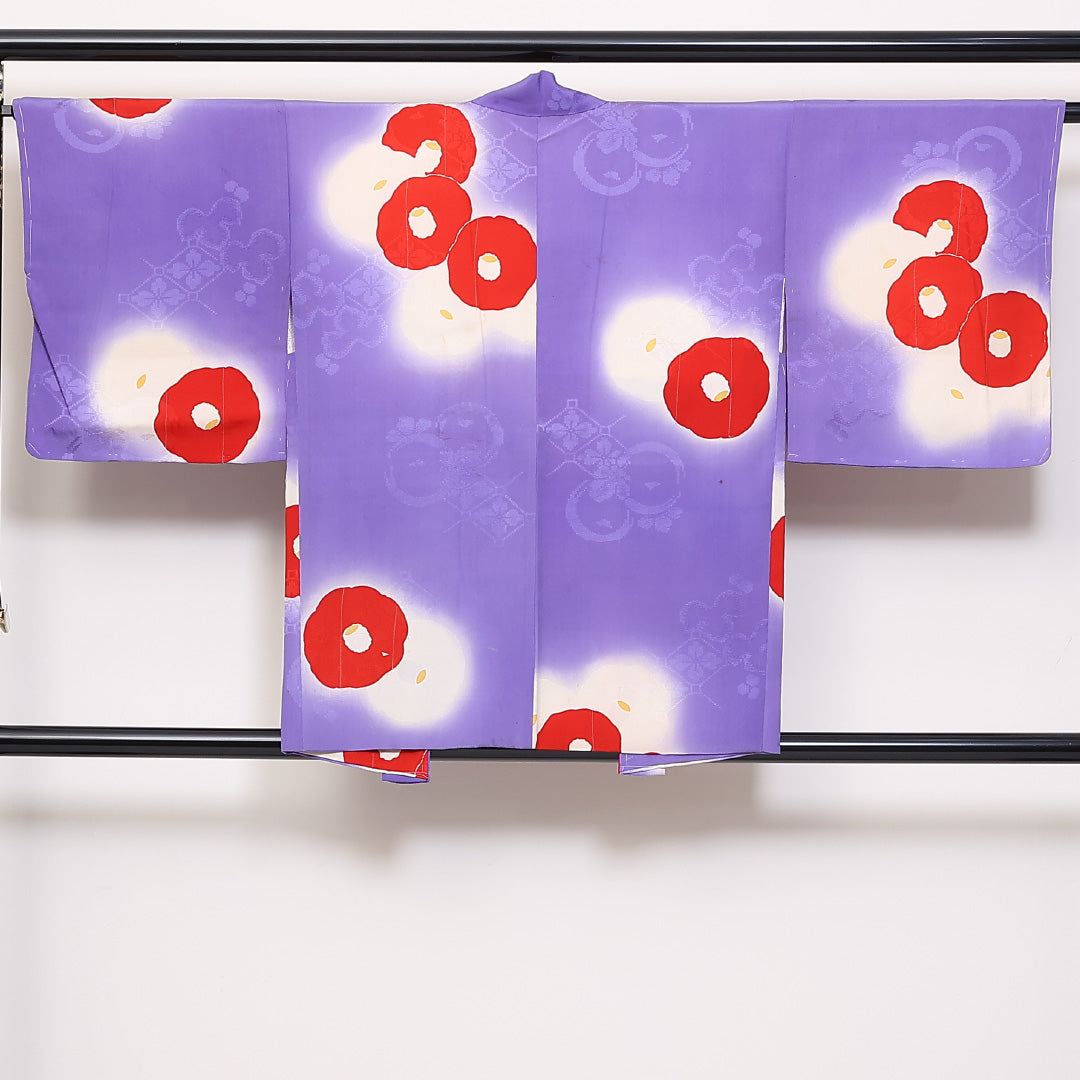 アンティーク 羽織 袷 身丈80cm 裄丈62cm 正絹 Bランク Sサイズ 紋意匠 蔦に花菱 琳派 椿 ぼかし染 紫系 1217-06161