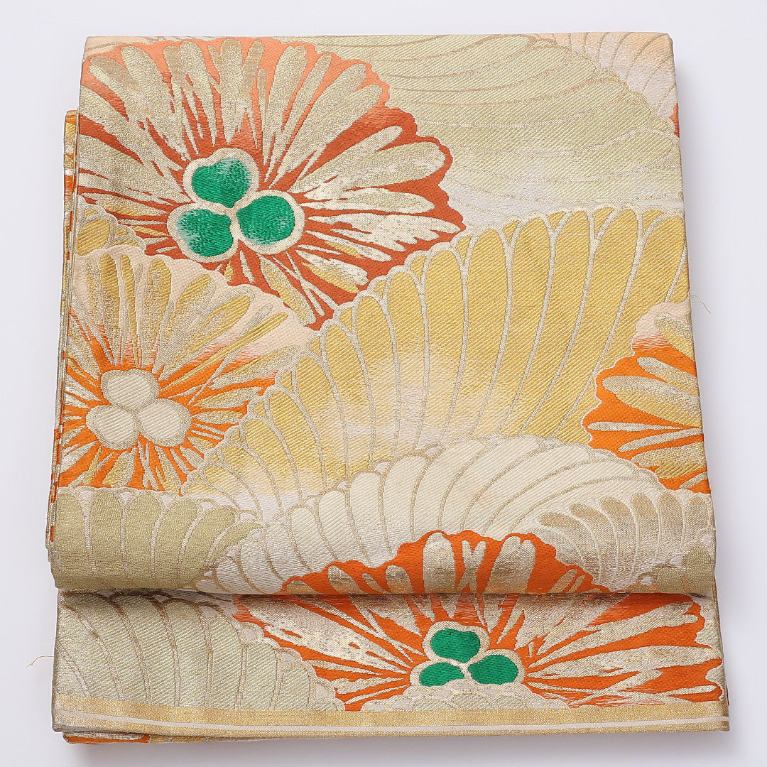 アンティーク 丸帯 帯丈400cm 全通 菊 フォーマル 金系 正絹 Cランク 1223-00895