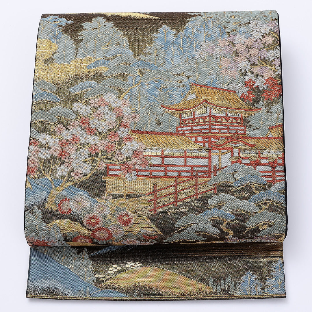 袋帯 帯丈436珊 六通 春日大社東西御廊 寺社仏閣 笠松 桜 槭樹 フォーマル 緑系 正絹 S位置づける 1223-00957