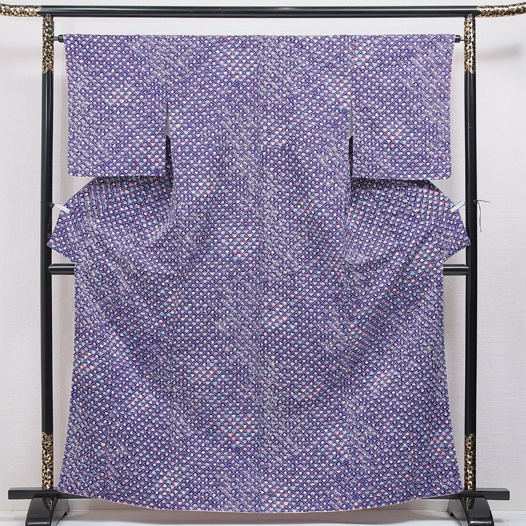 小紋 洗える着物 袷 身丈163cm 裄丈64cm ポリエステル Sランク Lサイズ 広衿 インフォーマル 梅 菊 紫系 1215-16296