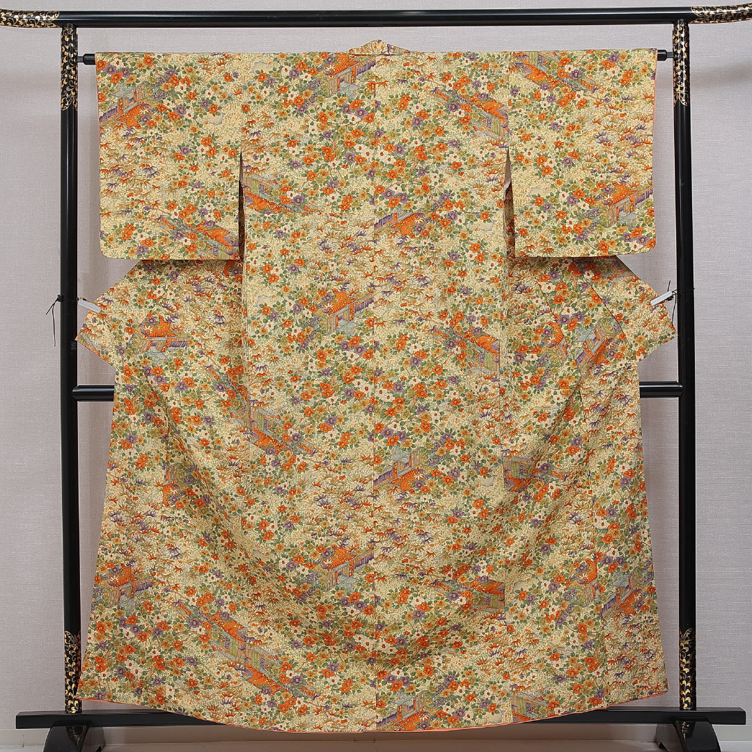 小紋 洗える着物 袷 身丈160cm 裄丈64cm ポリエステル Sランク Lサイズ 広衿 インフォーマル 茶屋辻 クリーム系 1215-16357