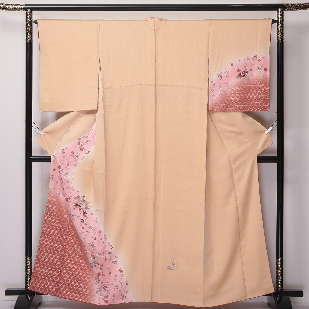 訪問着 袷 身丈160cm 裄丈64cm 正絹 Aランク Lサイズ 広衿 セミフォーマル 扇 籠目 花柄 ぼかし染 金彩 汕頭刺? クリーム系 ベージュ系 1212-04584