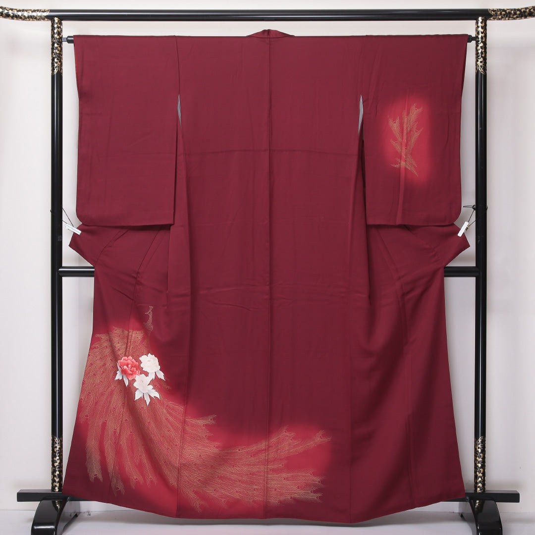 訪問着 袷 身丈163cm 裄丈64cm 正絹 Sランク Lサイズ 広衿 セミフォーマル 孔雀 牡丹 ぼかし染 金彩 赤系 1212-04588