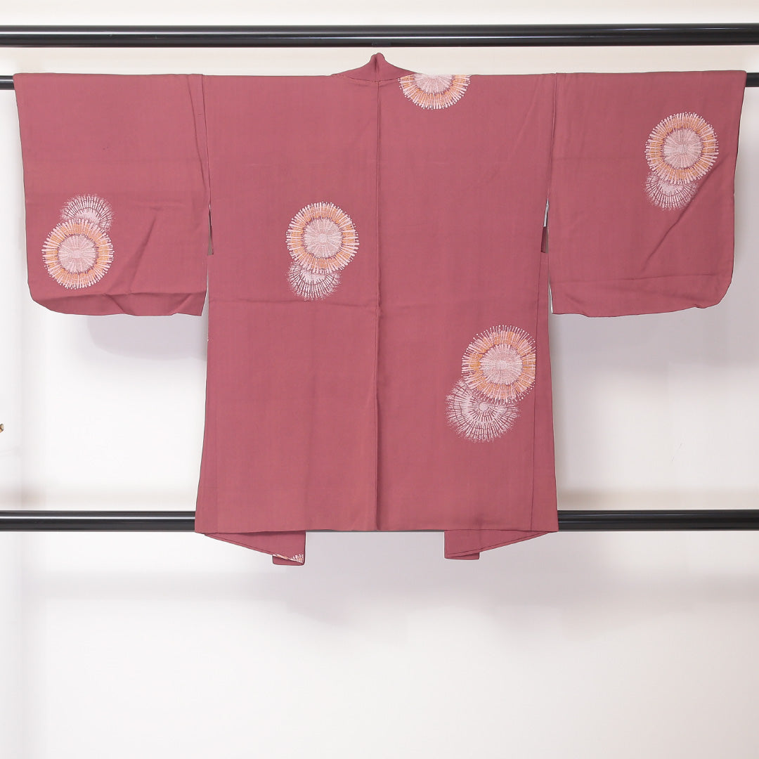 アンティーク 羽織（お召） 袷 身丈80cm 裄丈63cm 正絹 Bランク Sサイズ 花柄 漆糸 ピンク系 1217-06115 9,108円
