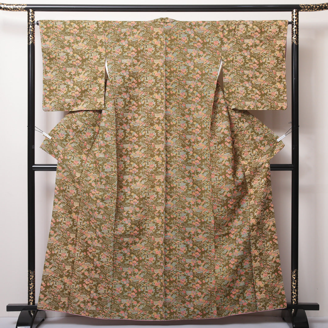 小紋（紬） 袷 身丈159cm 裄丈66cm 正絹 Sランク Mサイズ 広衿 インフォーマル 茶屋辻 緑系 1215-02226