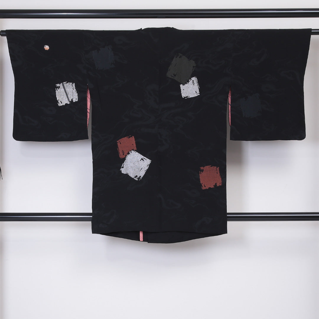 アンティーク 道行コート 袷 身丈86cm 裄丈63cm 正絹 Aランク Sサイズ 家紋柄 刺繍 黒系 1263-05906