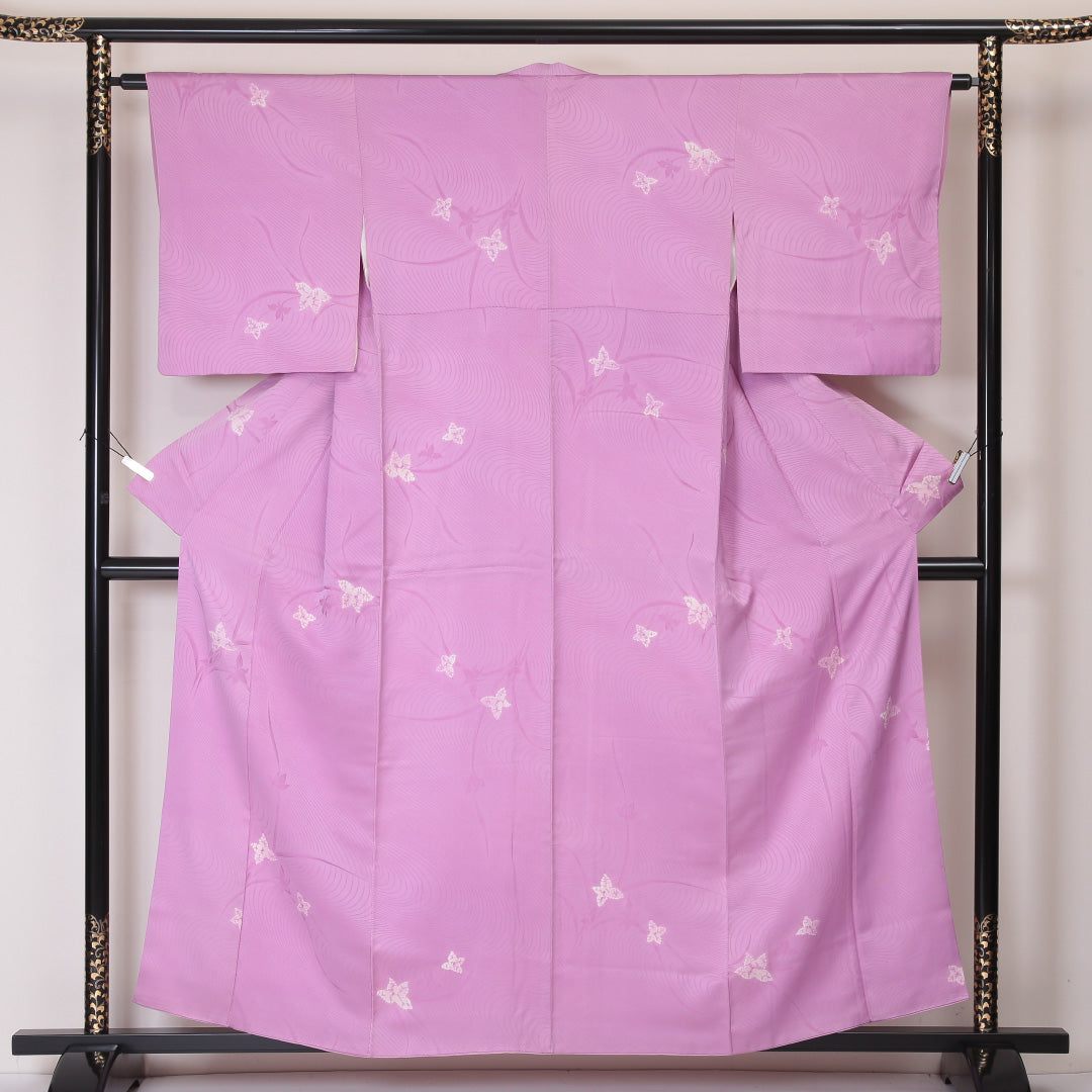 小紋 袷 身丈157cm 裄丈63cm 正絹 Aランク Mサイズ 広衿 インフォーマル 紋意匠 百合 花柄 ピンク系 紫系 1215-02143