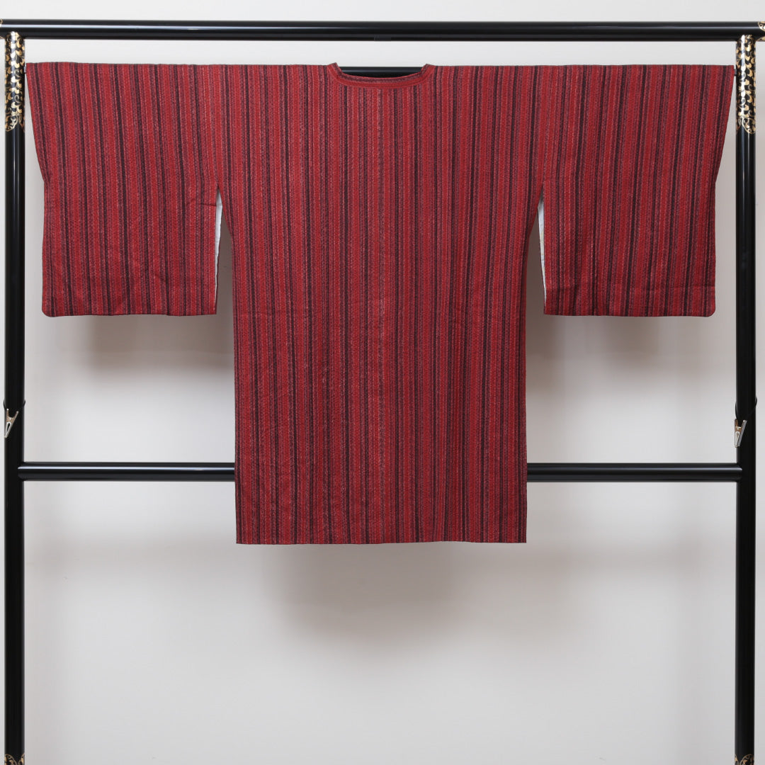 道行コート 袷 身丈92cm 裄丈67cm 正絹 Sランク Mサイズ フォーマル ふくれ織 縞 赤系 1263-05680