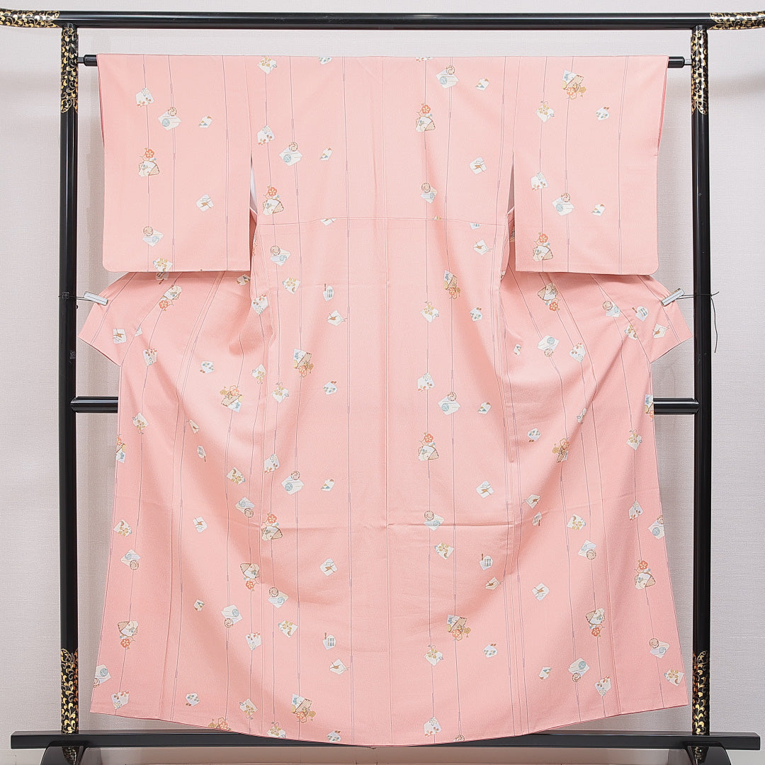 小紋 洗える着物 袷 身丈158cm 裄丈62cm ポリエステル Sランク Mサイズ 広衿 インフォーマル 梅 ピンク系 1215-16254｜糸千花和装　店