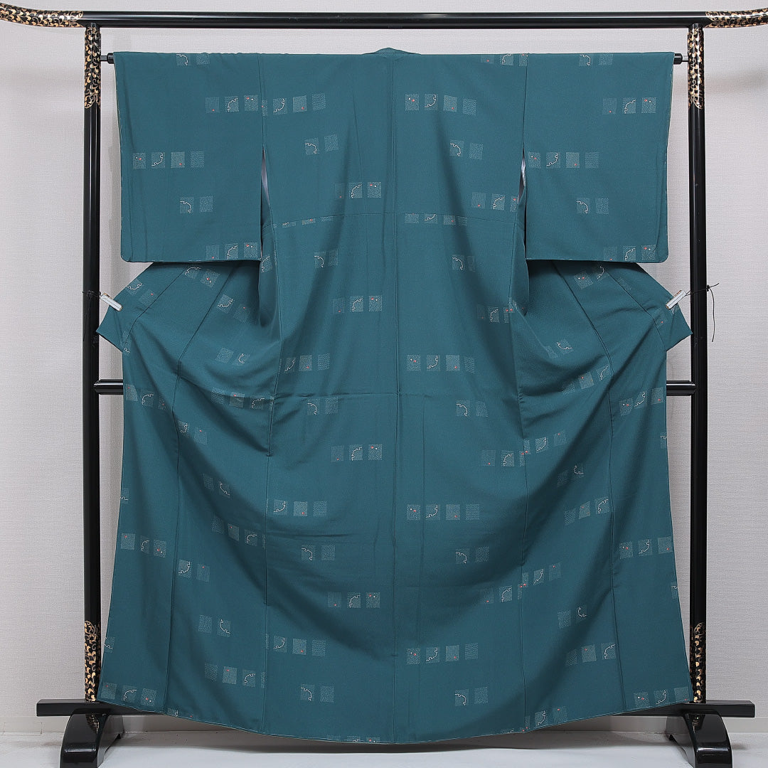 小紋 洗える着物 袷 身丈167cm 裄丈64cm ポリエステル Sランク XLサイズ 広衿 インフォーマル 古典柄 創作柄 緑系 青系 1215-16258