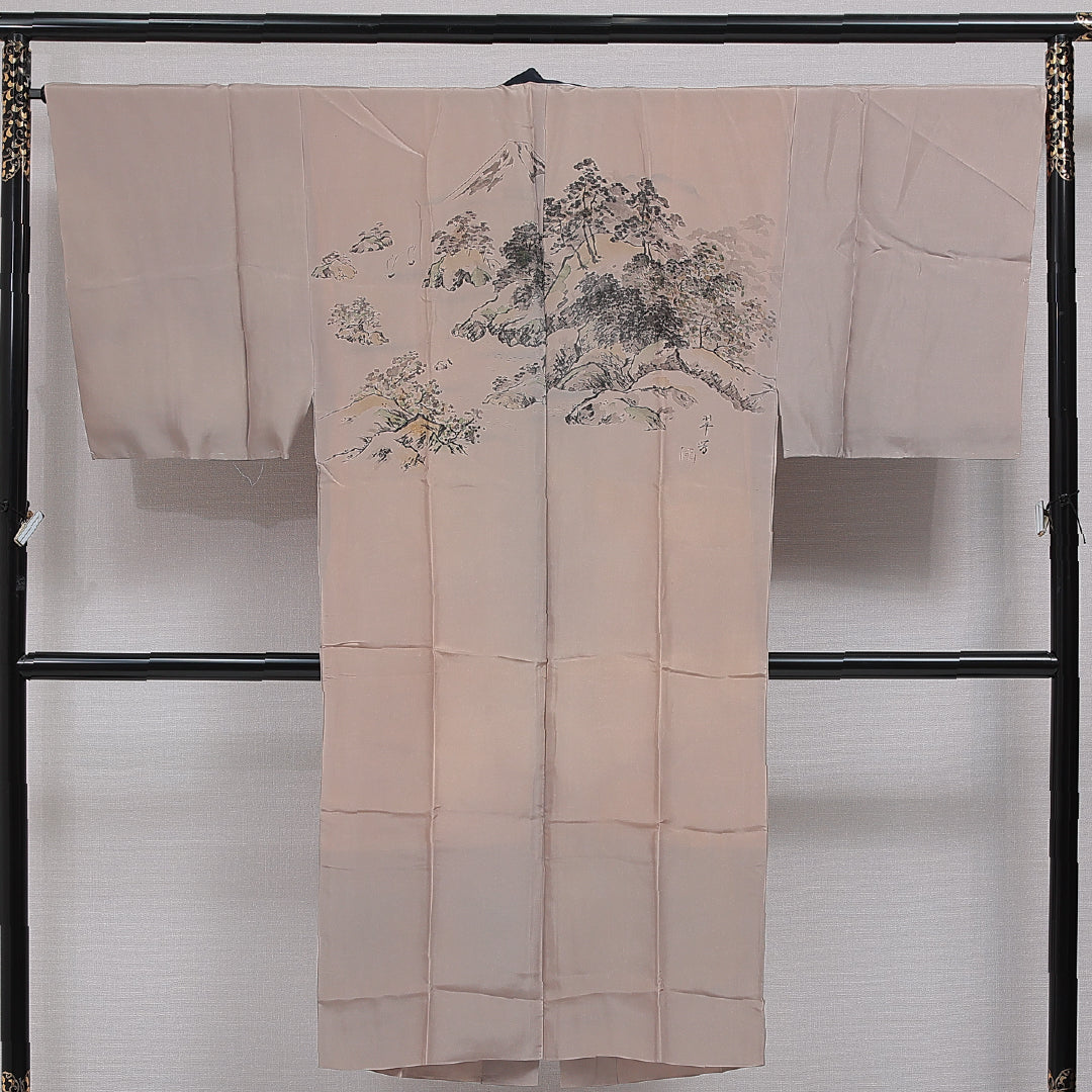 長襦袢 男性用 無双袖 身丈132cm 裄丈68cm 正絹 Aランク Sサイズ カジュアル 山 松 落款 ベージュ系 1229-16501