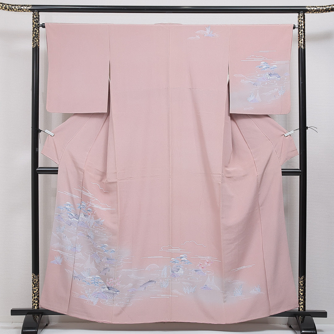 訪問着 袷 身丈161cm 裄丈64cm 正絹 Cランク Lサイズ 広衿 セミフォーマル 茶屋辻 ぼかし染 ピンク系 1212-16045