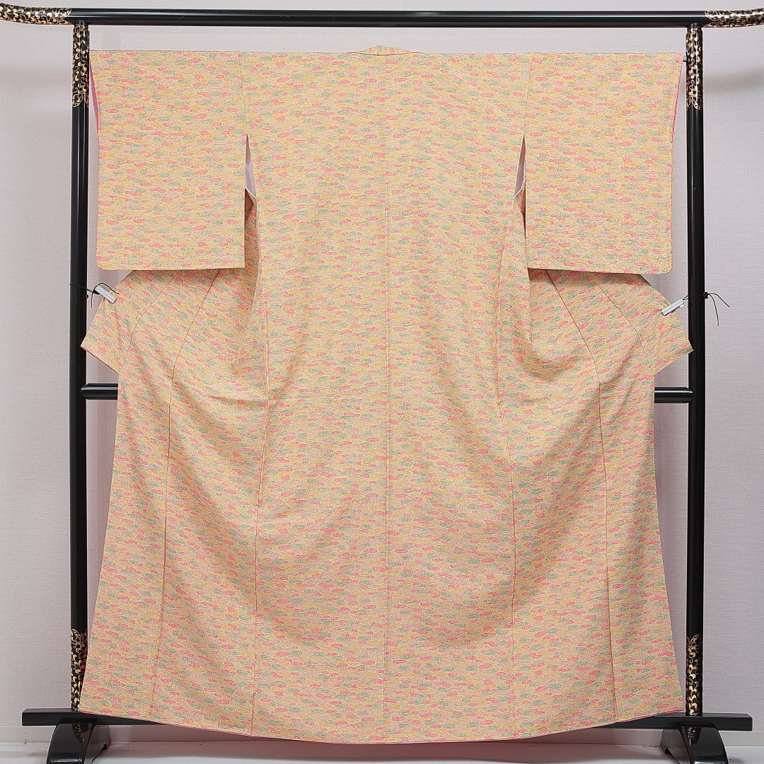 紬 洗える着物 袷 身丈163cm 裄丈66cm ポリエステル Sランク Lサイズ 広衿 カジュアル 後染め 渦巻 多色系 1216-16055