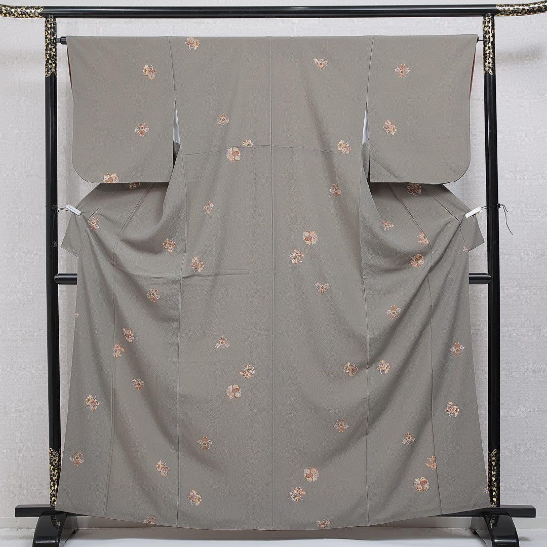 付下げ 洗える着物 袷 身丈165cm 裄丈64cm ポリエステル Sランク XLサイズ バチ衿 インフォーマル 花文 菊 グレー系 1261-16099