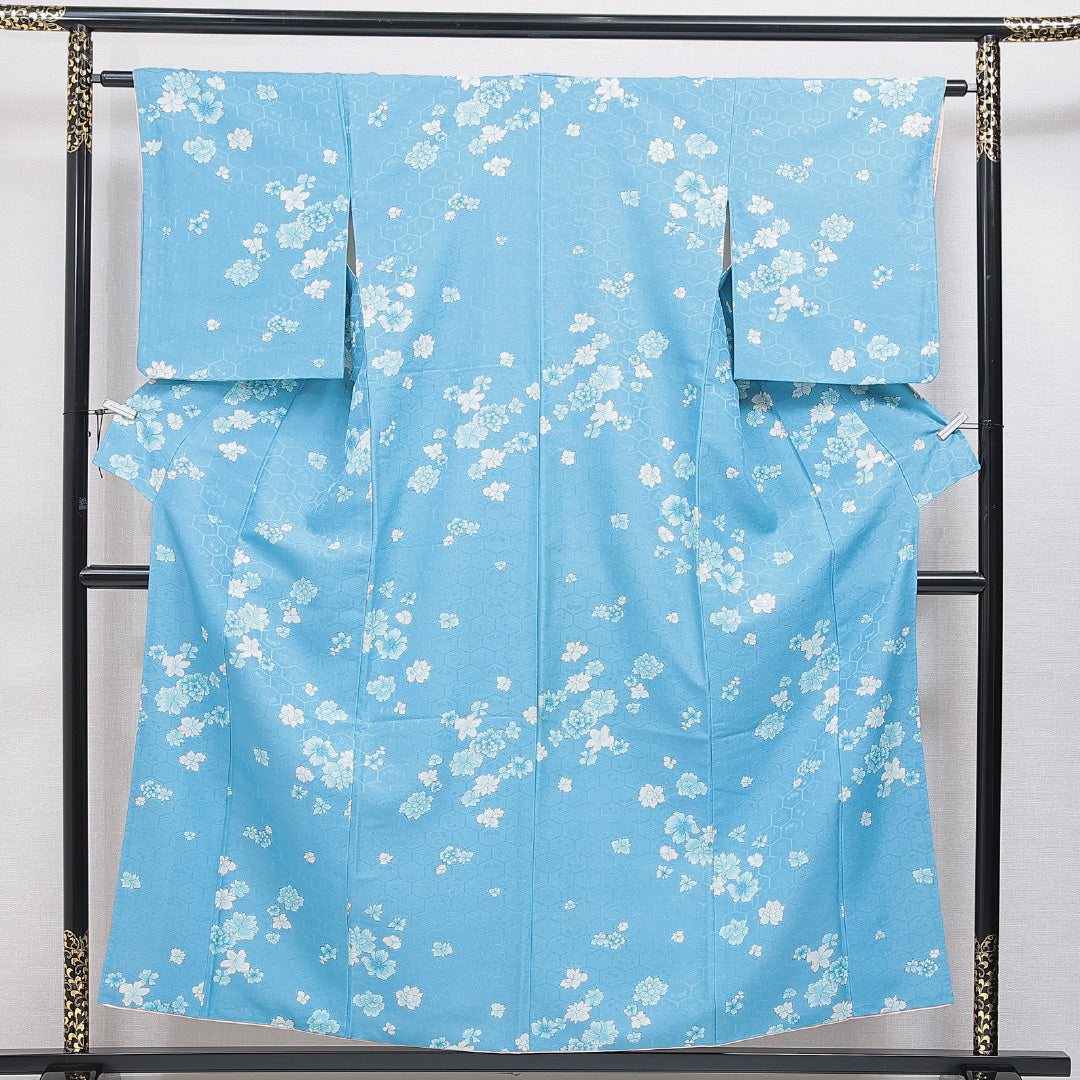 小紋 洗える着物 袷 身丈154cm 裄丈62cm ポリエステル Sランク Sサイズ 広衿 インフォーマル 紋意匠 亀甲 花柄 水色系 1215-15955|糸千花和装 店