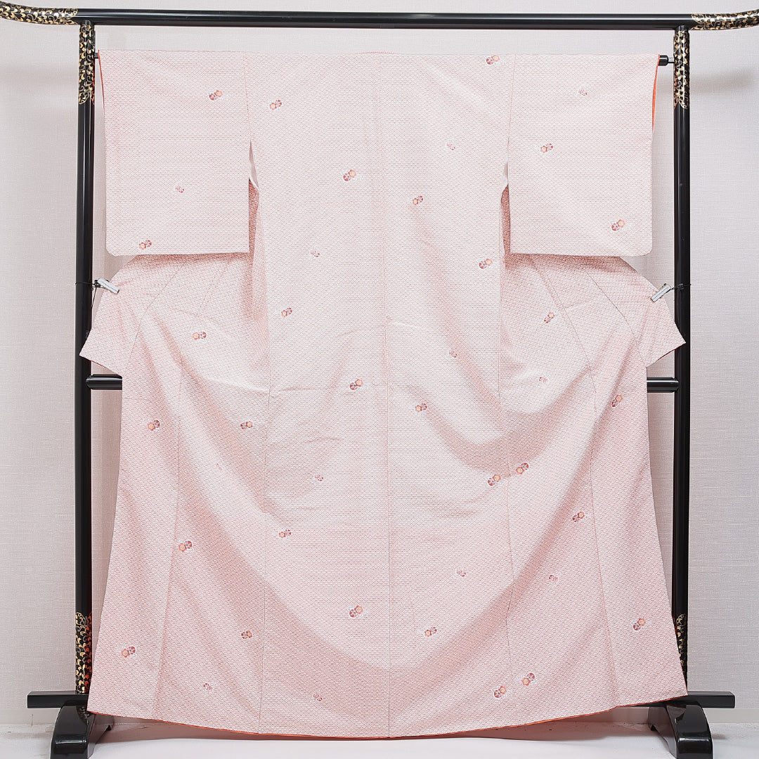 小紋 洗える着物 袷 身丈167cm 裄丈65cm ポリエステル Sランク XLサイズ 広衿 インフォーマル 鼓 青海波 白系 朱系 1215-15962|糸千花和装 店