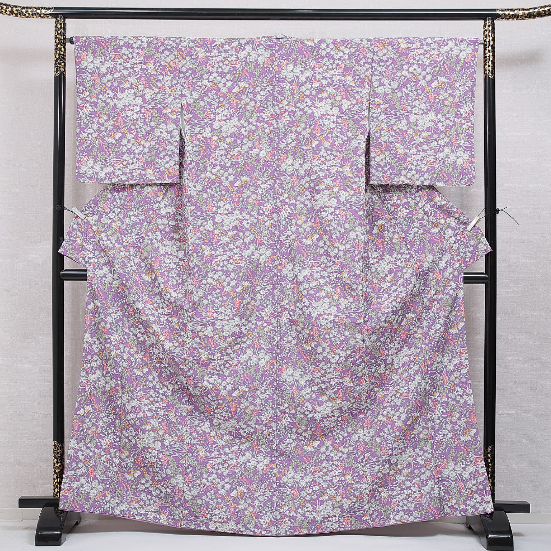 小紋 洗える着物 袷 身丈165cm 裄丈65cm ポリエステル Sランク XLサイズ 広衿 インフォーマル 菊 楓 紫系 1215-16016