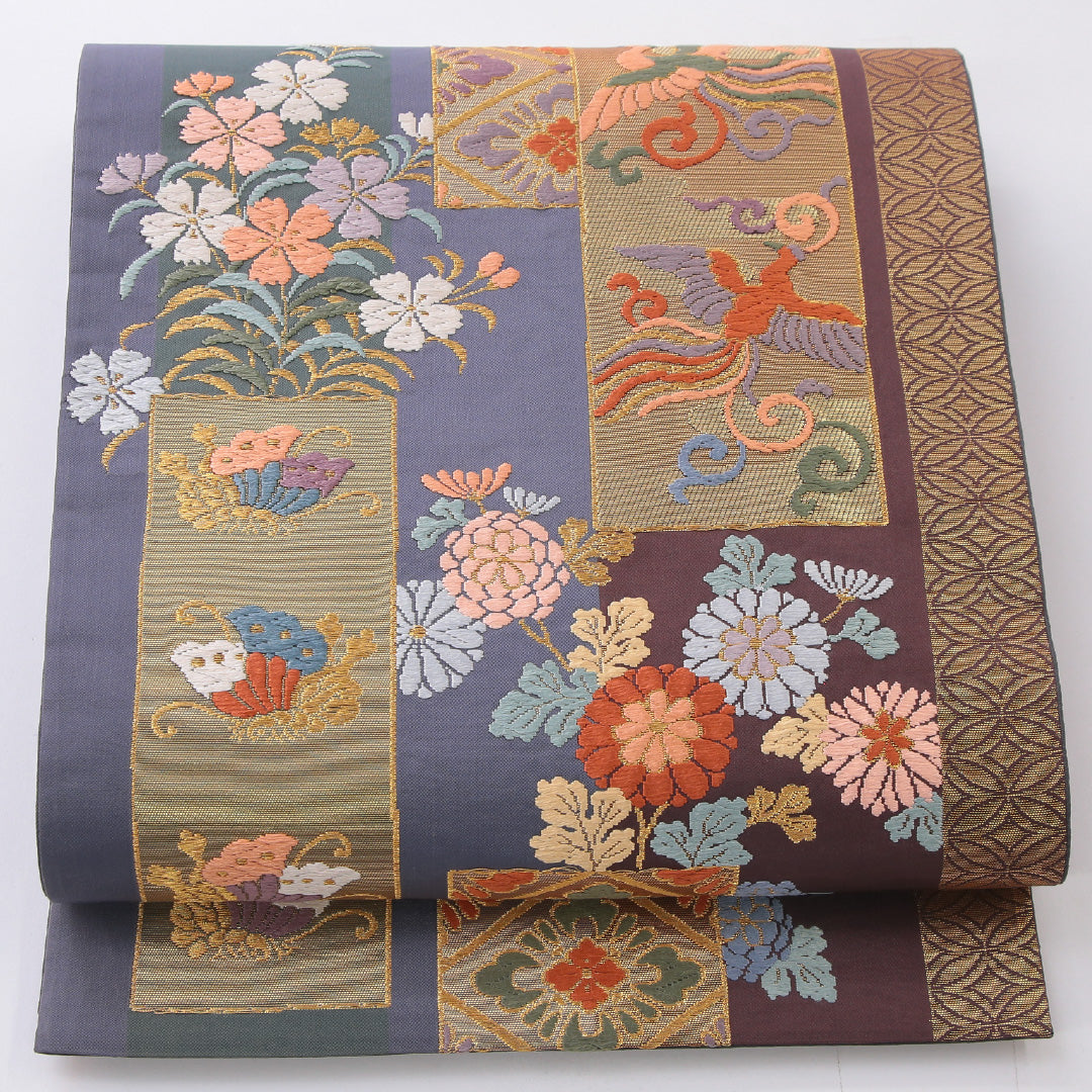 振袖用 袋帯 帯丈432cm 六通 帯芯なし Aランク 正絹 吉祥文様 グレー系 1223-02202|糸千花和装 店