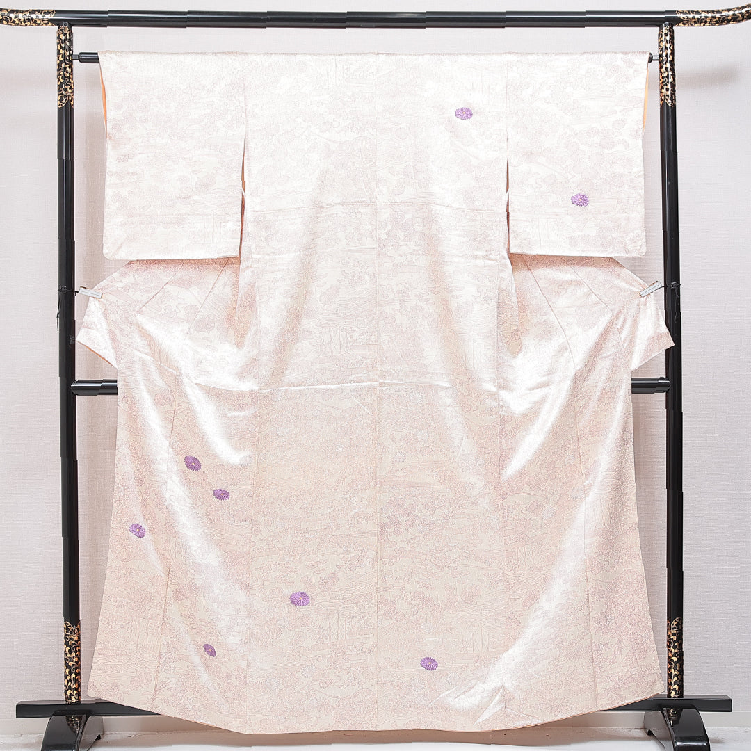 付下げ 袷 身丈161cm 裄丈63cm 正絹 Sランク Lサイズ 広衿 インフォーマル 古典柄 菊 刺繍 クリーム系 1261-15947