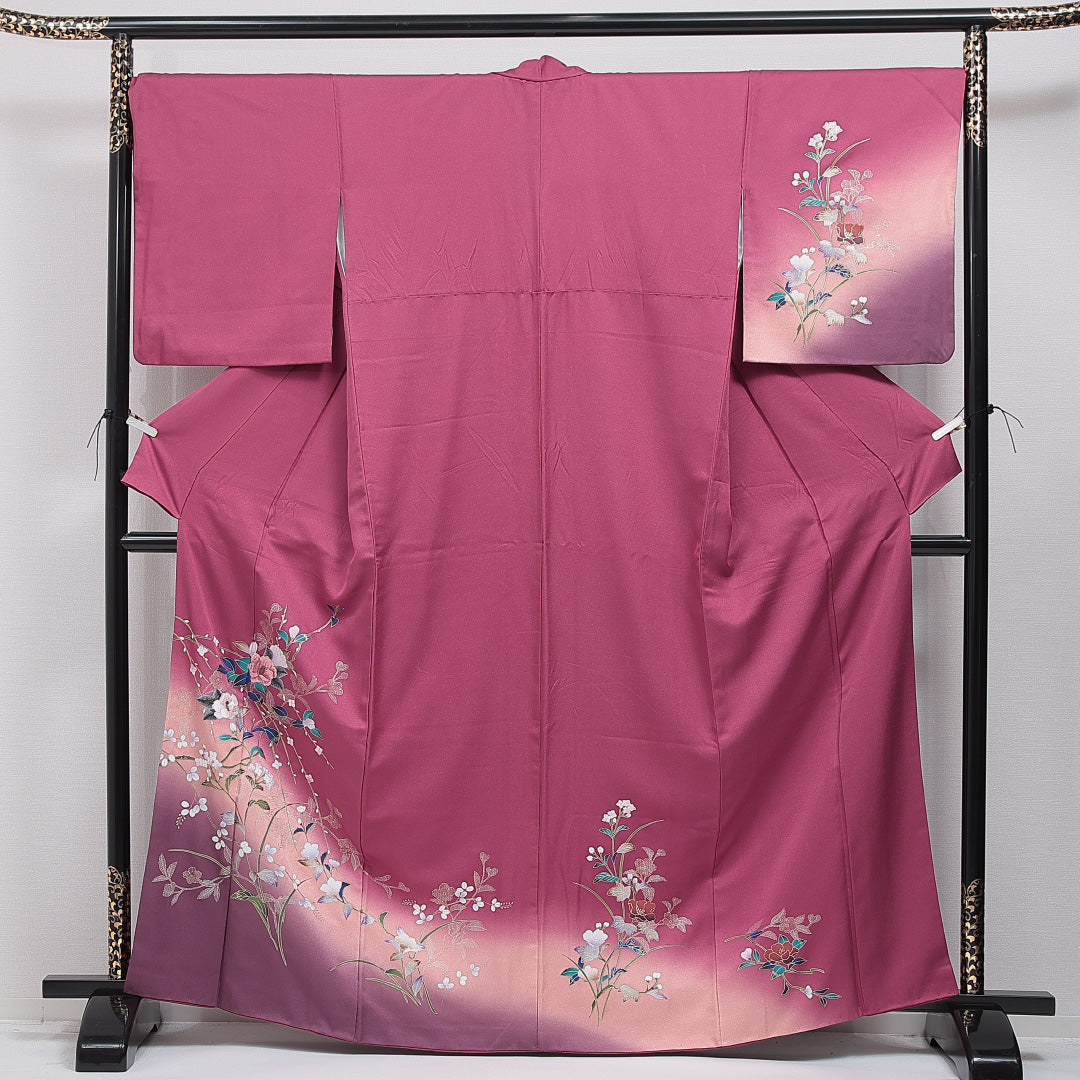 訪問着 袷 身丈164cm 裄丈69cm 正絹 Sランク Lサイズ 広衿 セミフォーマル 椿 金彩 紫系 ピンク系 1212-15914