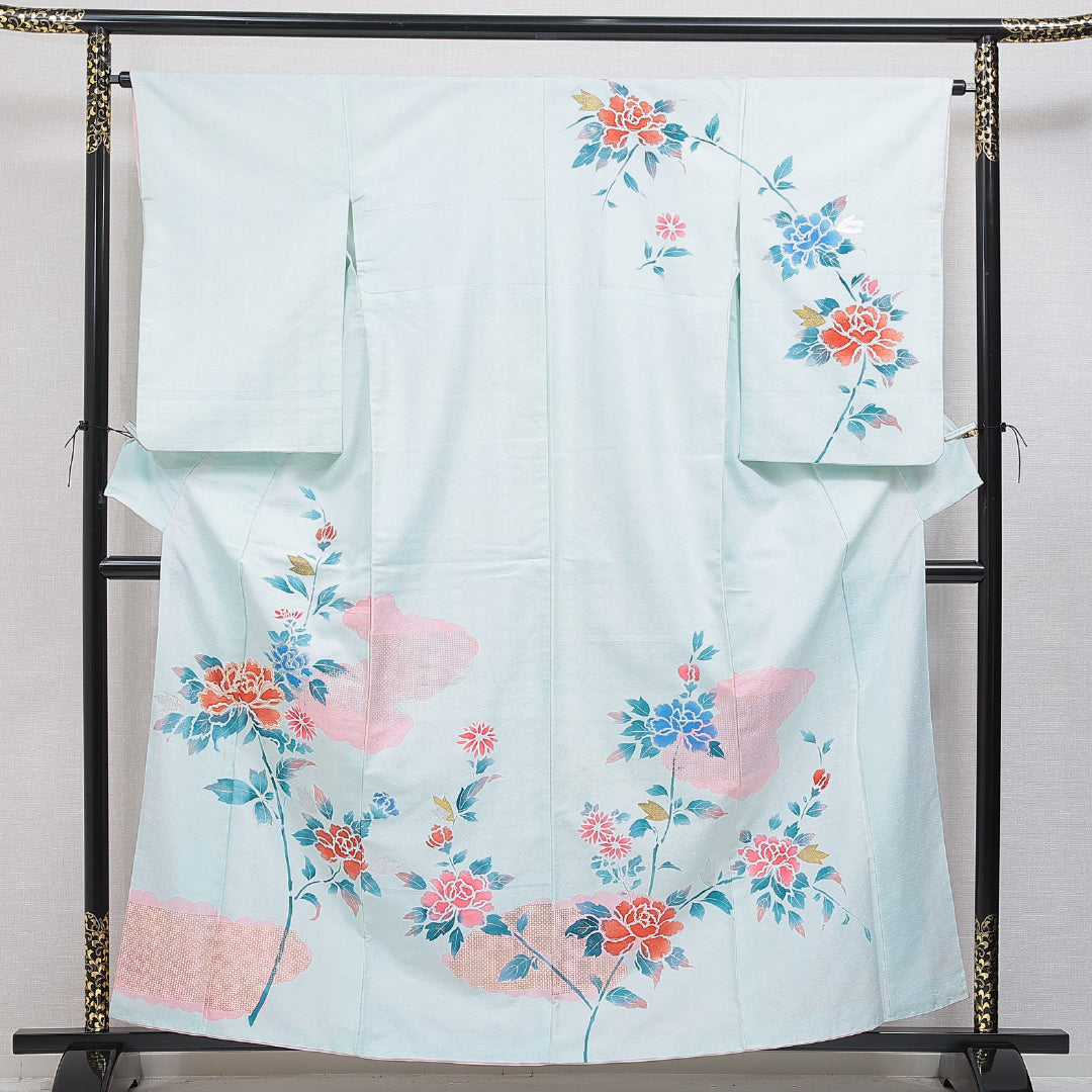 訪問着 袷 身丈159cm 裄丈63cm 正絹 Cランク Mサイズ 広衿 セミフォーマル 吉祥文様 牡丹 刺繍 水色系 1212-15944