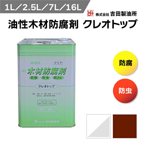 吉田製油所 油性木材防腐剤 クレオトップ クリア ブラウン 木部 浸透タイプ 防腐剤 シロアリ 低臭性 防蟻 虫害 対策 木目を損なわない美しい仕上げ 浸透 屋外 杭 板塀 基礎 瀝青 クレオソート DIY 防虫 防カビ 防腐 殺虫