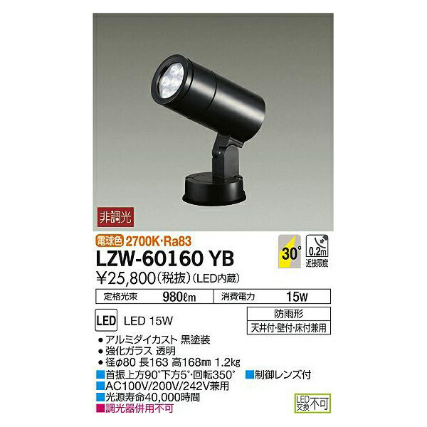 【メーカー直送】大光電機 LEDアウトドアスポットライト LZW-60160YB
