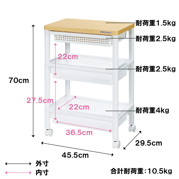 返品不可】 不動技研:ウッドテーブルワゴン WTW-3HS Ｆ2491 キッチン収納 天板付きワゴン キャスター付き 引き出しバスケット付 F2491-w  www.servitronic.eu