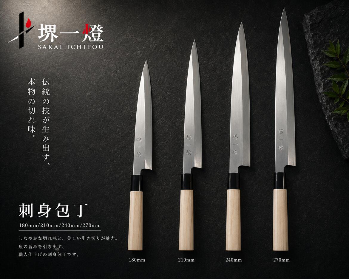 市藤商店 堺一燈 刺身包丁 日本製 柳刃 堺一燈 180/210/240/270mm 初心者も扱いやすい本格仕様|Ichitou Total Supply 店