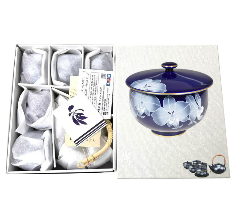 香蘭社 ルリ胡蝶蘭 茶器セット 有田焼 日本製　6点セット 　未使用品　R1202-AFN