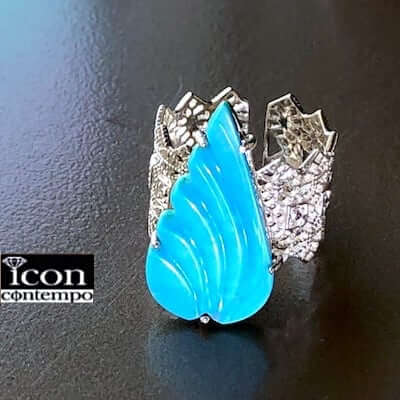 SV925 ターコイズ 大粒彫刻フェザー リング オープンリング 羽根 翼 レース アリゾナ産 'Big Wing'｜icon contempo