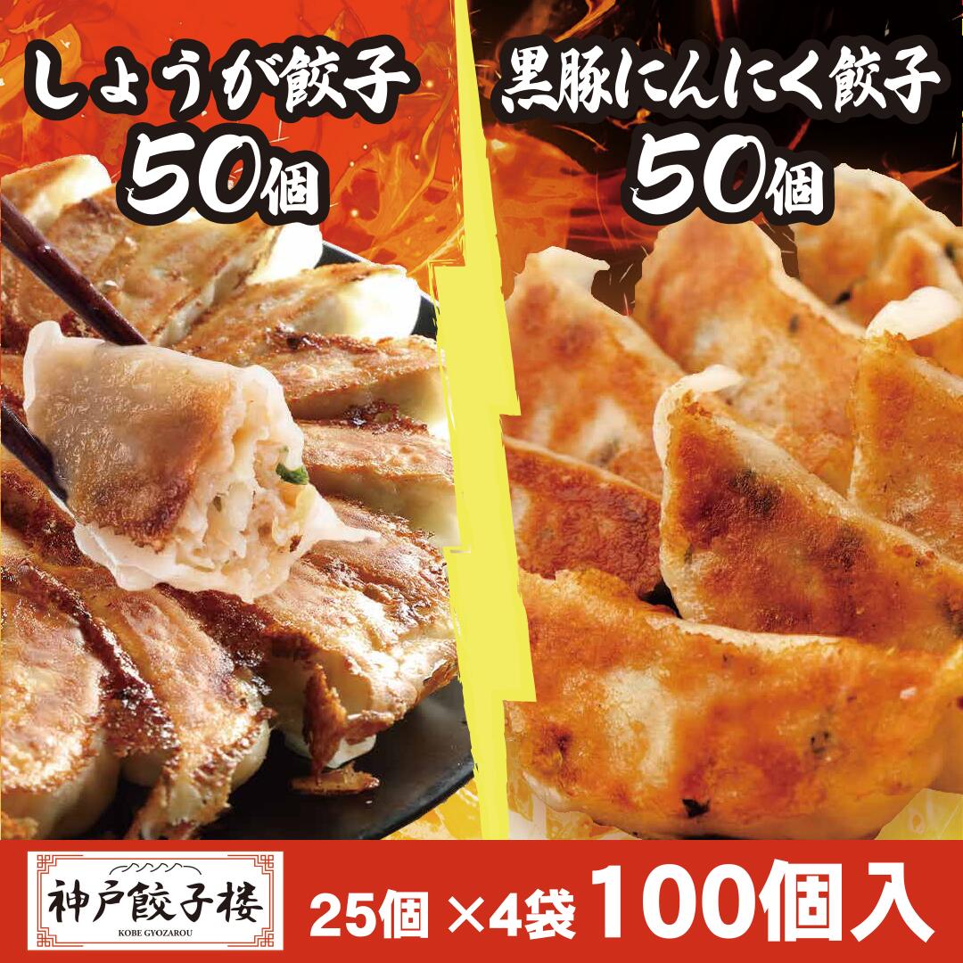 しょうが餃子50個 黒豚にんにく餃子50個 100個セット 餃子 25個入り4袋 送料無料 九州産黒豚 青森県産にんにく 鍋 スープ餃子 焼き餃子 水餃子 蒸し餃子  黒豚 国産 ぎょうざ 冷凍餃子