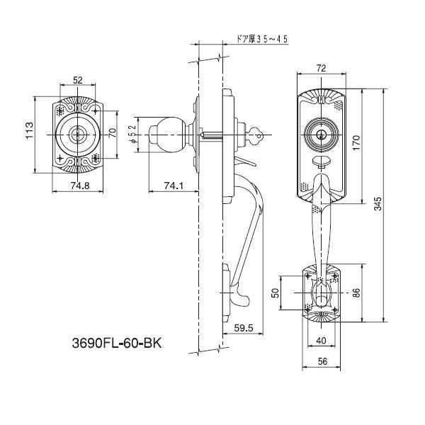 (LINEクーポン有)アルファ 4532757036415 エントランスロック フローレンス バックセット60mm 3690－FL－60－BK