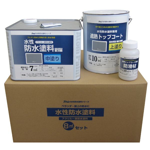 アトムハウスペイント 4971544230740 水性防水塗料8m2セット 既設防水・FRP防水下地塗り替え用 中塗りグレー／上塗りグレー